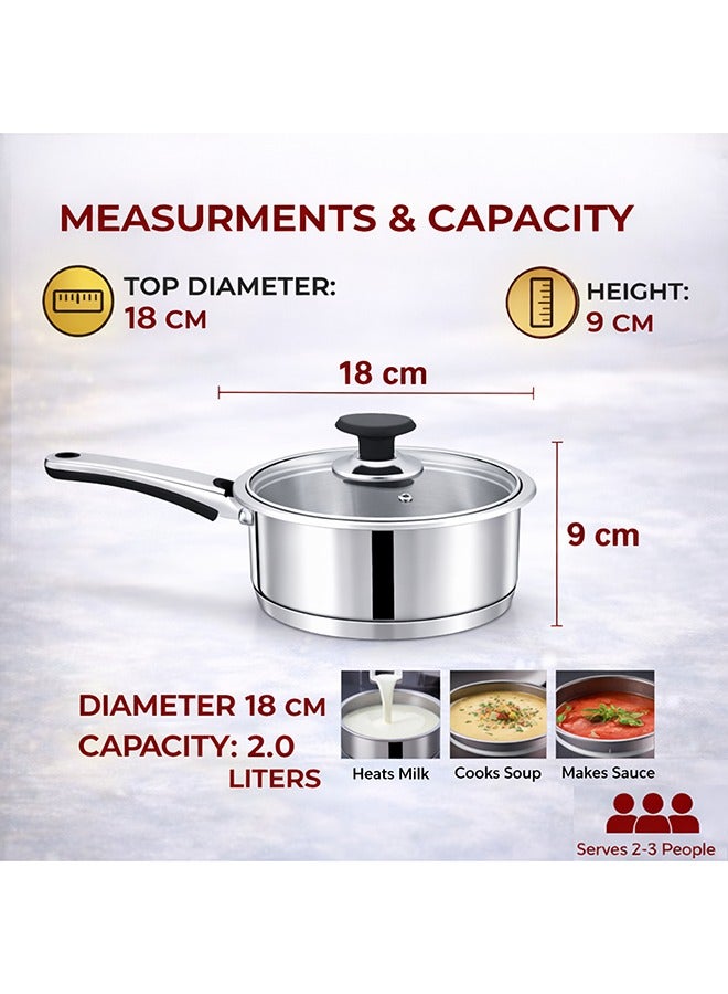 SONEX Mega Stainless Steel Sauce Pan, 18 cm (2 Ltr) with Glass Lid – Ergonomic Cool Handle, Sandwich Bottom, Sleek Modern Appearance, Ideal for Sauces, Soups & More - Image 3